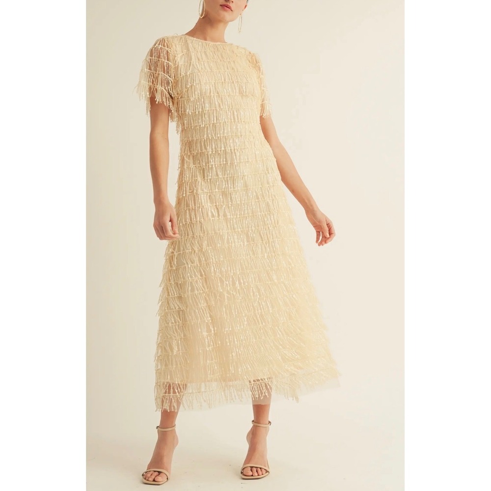 Arose Studio Womens Champagne Sequin Fringe‎ Midi Dress Short Sleeve NWT Size S